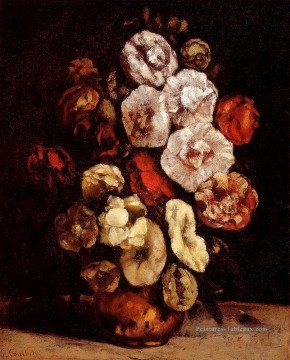 Roses trémières dans un bol de cuivre peintre Gustave Courbet Fleurs impressionnistes Peinture à l'huile